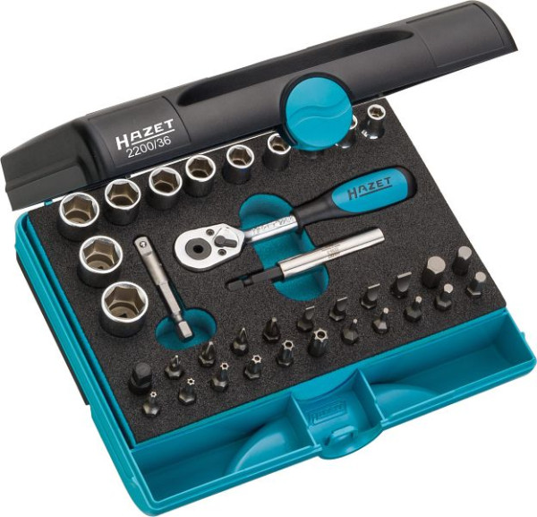 Jeu de clés à douilles Hazet, carré creux 6,3 mm, six pans pleins 6,3, profil de traction à six pans extérieurs, profil fendu, profil cruciforme PH, 2200/36