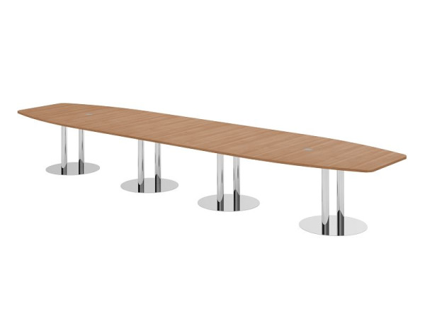 Table de conférence Hammerbacher KT52S, 520 x 130 cm, plateau : noyer, épaisseur 25 mm, avec quatre pieds colonnes chromés, 7,6/70 cm, hauteur de travail 74 cm, VKT52S/N/C