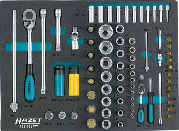 Jeu de clés à douilles HAZET, carré creux 12,5 mm (1/2 pouce), carré creux 6,3 mm (1/4 pouce), nombre d'outils : 77, 163-138/77