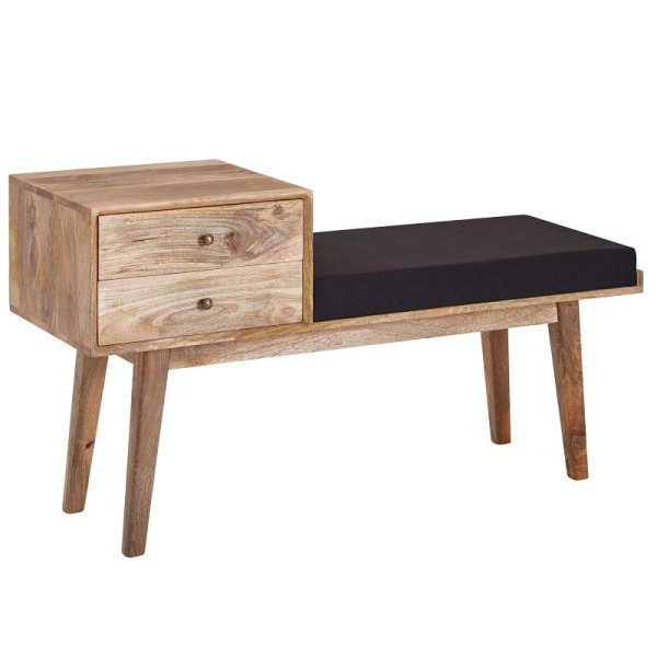 Banc Wohnling en tissu / banc en bois massif 120x65x40 cm de style rétro, banc de couloir avec espace de rangement, banc en tissu rembourré noir, WL6.485