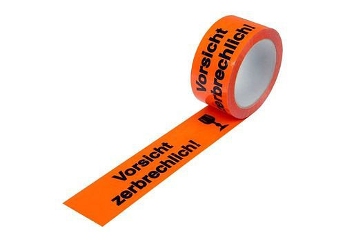 Ruban adhésif d'avertissement DENIOS, PP, impression Attention fragile, en orange d'avertissement, 50 mm de large x 66 m, paquet : 12 rouleaux, 299577