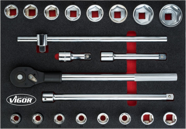 Jeu de clés à douilles VIGOR, nombre d'outils : 21, insert en mousse souple 2K, taille d'insert / taille de tiroir : L (563 x 393 x 35 mm), V5109