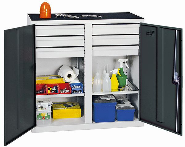 armoire à outils et matériaux contondants série 2000, 7035/7016, 6 tiroirs, cloison centrale, 2 étagères, 2002671