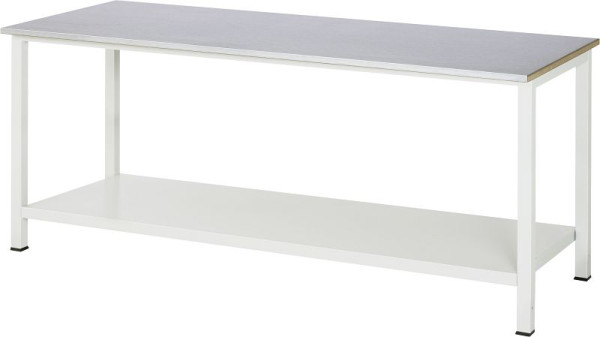 Table de travail RAU série 900, L2000 x P800 x H825 mm, plan de travail avec revêtement en tôle d'acier, épaisseur 25 mm, avec étagère en bas, profondeur 650 mm, 03-900-6-S25-20.12