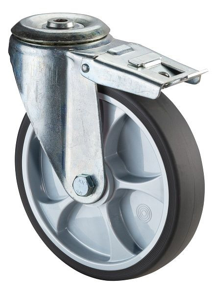Roulette de transport pivotante à roulettes BS avec frein, roue en caoutchouc thermoplastique gris, roulement à rouleaux, trou de boulon, diamètre : 200 mm, L121.B44.201