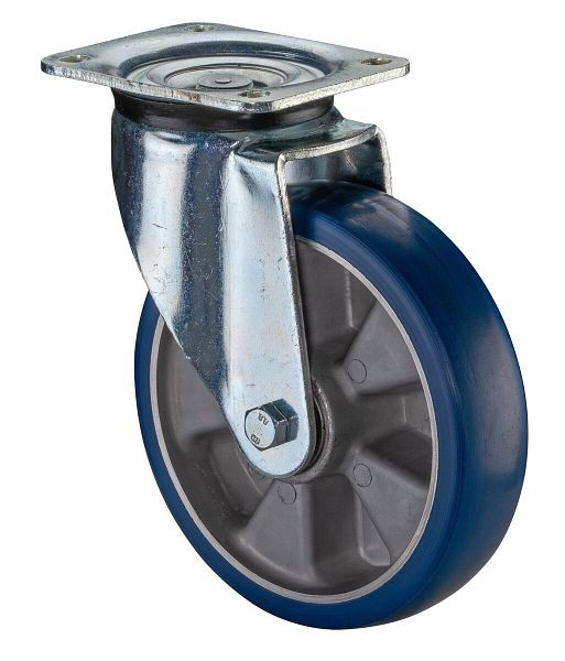 Roulette pivotante pour charges lourdes BS rollers, roue polyuréthane 83 Shore, jante aluminium, roulement à billes, platine, diamètre : 200 mm, L600.B92.200