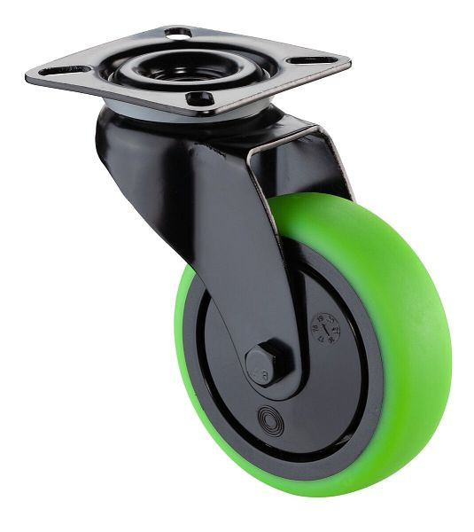 Roulettes BS Roulette pivotante noire, roue en caoutchouc thermoplastique vert, jante noire, roulement à billes, platine, diamètre : 75 mm, lot de 4, A800.A85.075.04