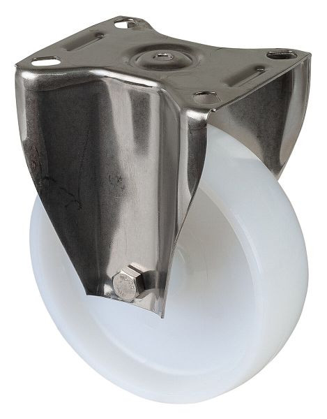Rouleau de transport en acier inoxydable BS rollers, largeur de roue 37,5 mm, Ø roue 125 mm, capacité de charge 130 kg, plastique, palier lisse, plaque, H110.A90.125