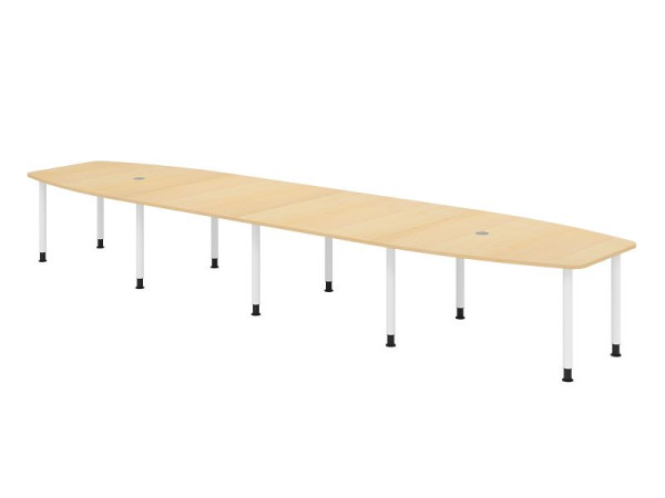 Table de conférence Hammerbacher KT52C, 520 x 130 cm, plateau : érable, épaisseur 25 mm, cadre de dix pieds blanc, tube rond 6 cm, hauteur de travail 72-74 cm, VKT52C/3/W