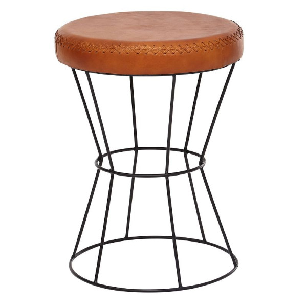 Tabouret Wohnling cuir véritable / métal 35 x 48 x 35 cm design, rond, marron, WL6.093