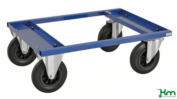 Chariot à palette Kongamek - bas, 2 roulettes fixes et 2 pivotantes en caoutchouc plein, bleu, 800 x 600 x 270 mm, KM217-BH