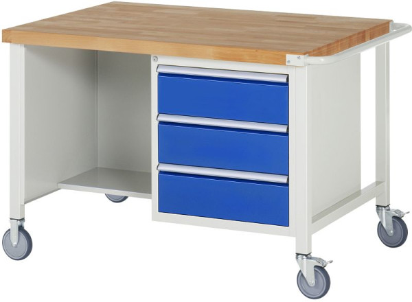 Etabli mobile RAU 8000 - modèle 8462, L1250xP900xH880-1080mm, conteneur double structure, étagère à gauche, tiroirs 3x180mm à droite, 05-8462A2-129B4H.11
