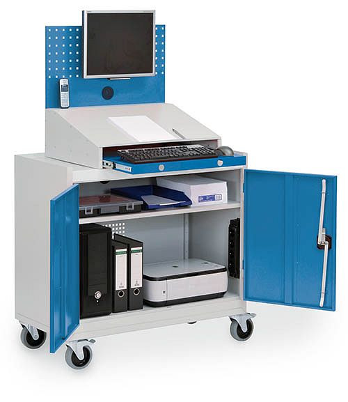 Armoire informatique mobile Bedrunka+Hirth, 2 x portes battantes, 1 x étagère, 1 x plateau de bureau, 1 x tiroir pour clavier, 1 x paroi perforée, 1000 x 500 x 1610 mm, 04.180.C02A