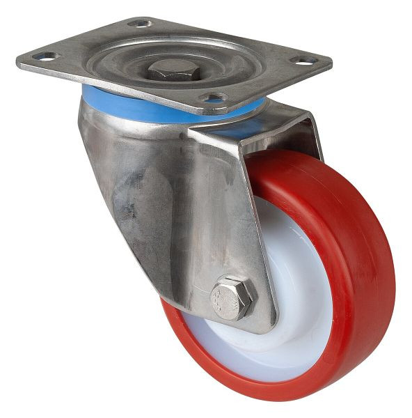 Rouleaux BS rouleau robuste en acier inoxydable, largeur 45 mm, Ø125 mm, jusqu'à 500 kg, bande de roulement en polyuréthane rouge, corps en plastique, roulement à rouleaux en acier inoxydable, HS100.B28.126