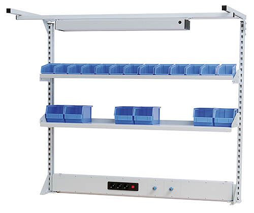 Ligne de travail à structure multi-parois Bedrunka+Hirth avec cadre supérieur, 1x canal d'énergie, 2x étagère, dimensions en mm (LxPxH) : 1500 x 750 x 1250, 03.9001523WL