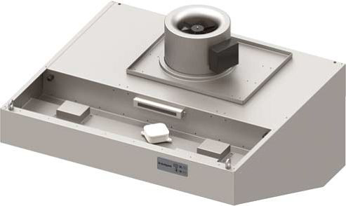 Hotte murale Stalgast "Expert Line", forme inclinée 1000 mm x 1000 mm avec ventilateur tubulaire, commande et filtre cyclone/labyrinthe LC2 type A, WH101020
