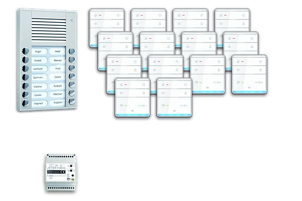 Système de commande de porte audio TCS : pack AP pour 14 unités résidentielles, avec poste extérieur PES 14 boutons de sonnerie, 14x haut-parleur mains libres ISW5010, unité de contrôle, PPAF14-EN / 01