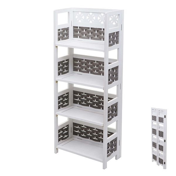 Étagère Mendler HWC-K86, étagère autoportante, étagère de vie, pliable 4 étagères, bois 110cm, blanc, tresse grise, 97661