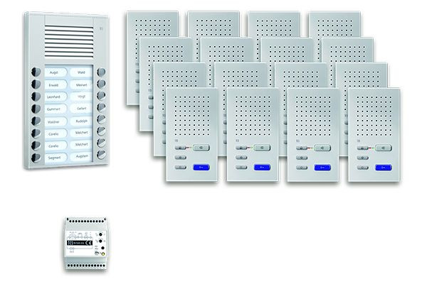 Système de commande de porte audio TCS : pack AP pour 16 unités résidentielles, avec poste extérieur PES 16 boutons de sonnerie, 16x haut-parleur mains libres ISW3030, unité de contrôle, PPAF16-EN / 02