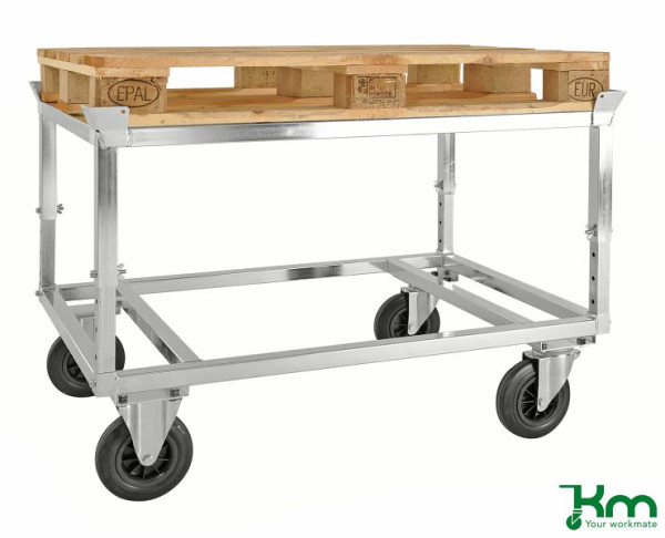 Kongamek Transpalette galvanisé avec porte-palette, 2 roulettes fixes et 2 roulettes pivotantes en caoutchouc plein avec freins, hauteur de plate-forme 655-835 mm, KM222-EPB
