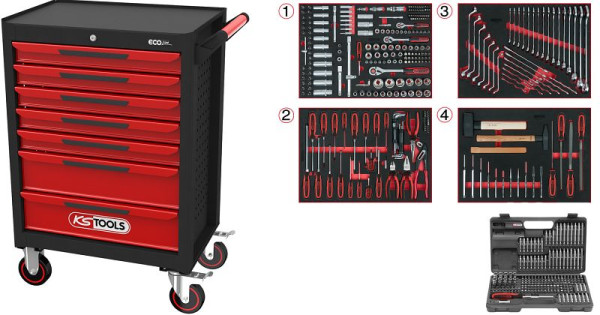 Chariot d'atelier KS Tools ECOline NOIR/ROUGE avec 7 tiroirs et 515 outils premium, 897.7515