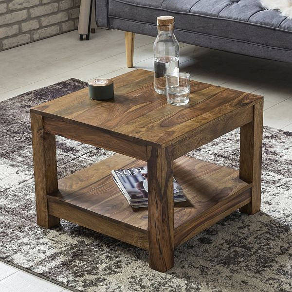 Wohnling table basse MUMBAI en bois de Sesham massif 60 x 60 cm, design marron foncé, style maison de campagne, WL1.570