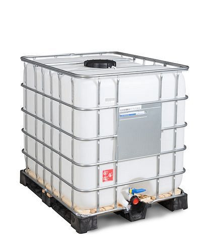 Conteneur DENIOS Recobulk IBC, palette bois, 1000 l, ouverture NW225, sortie NW50, 266-177