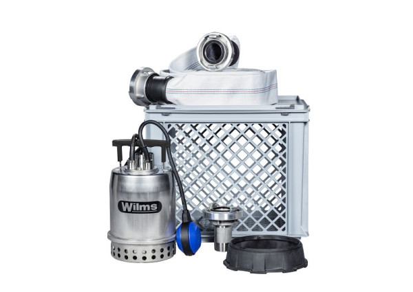 Kit d'inondation Wilms avec pompe à eau sale FS SWP 9000, 1,2 - 9 m³/h avec tuyau de 15 mètres et dispositif d'aspiration plat, 3110500
