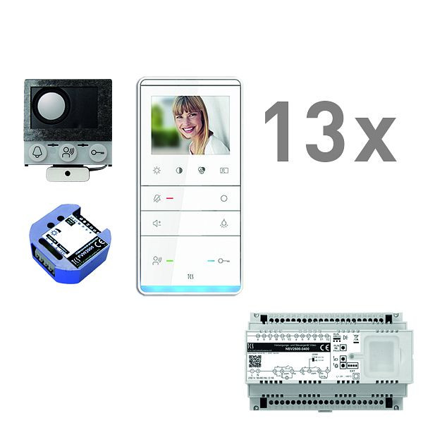 Boîte vocale encastrable vidéo TCS, 13 unités résidentielles, haut-parleur encastrable ASI12000 + 13x haut-parleur mains libres IVW5111, centrale + transmetteur vidéo bifilaire, PVIF130/001