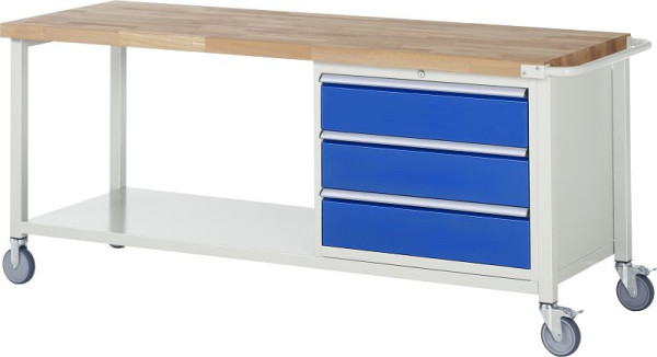 Établi mobile RAU 8000 - modèle 8257, L2000 x P700 x H880-1080 mm, conteneur de sous-structure à droite, 3x tiroirs : 3xH180 mm, 05-8257A6-207B4H.11