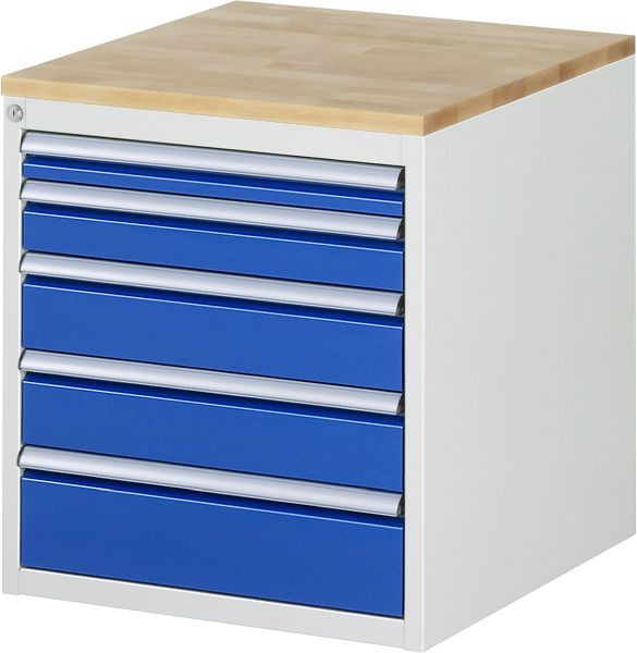 Armoire à tiroirs RAU série 7000, L580 x P650 x H645 mm, 5 x tailles de tiroirs L 1xH60, 1xH90, 2xH120, 1xH150 mm, plan de travail en hêtre massif, 03-L3.11A-B.11