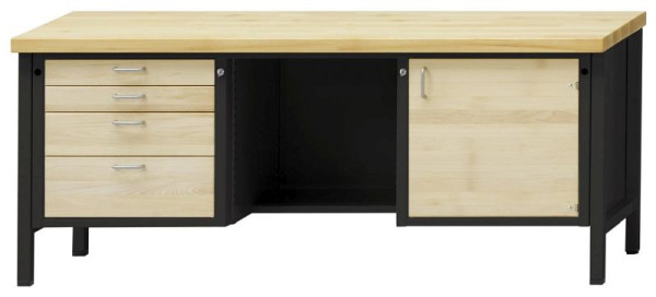 Établi d'armoire ANKE; 2000x700mm; Hêtre plaque solide; A gauche 4 tiroirs 90, 90, 150, 210 mm; En retrait au milieu du sol; Droite 1 porte
