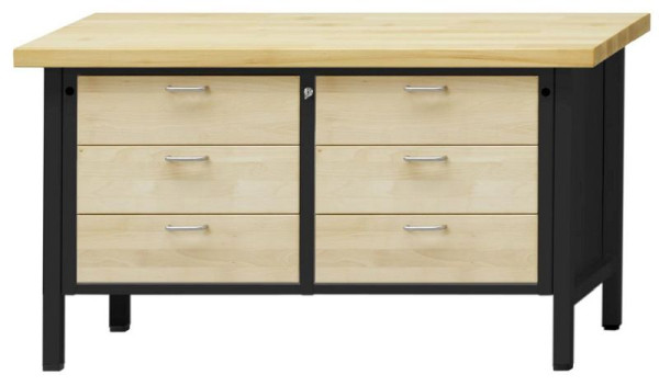 Établi d'armoire ANKE; 1500x700 mm; RAL 7016 / hêtre ciré naturel; Hêtre plaque solide; A gauche 3 tiroirs 180 mm; A droite 3 tiroirs 180 mm