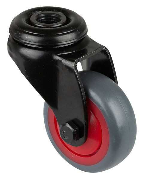 Roulettes BS Roulette pivotante noire, roue en caoutchouc thermoplastique gris, jante rouge, roulement à billes, trou arrière, diamètre : 50 mm, lot de 8, A801.A85.050.03