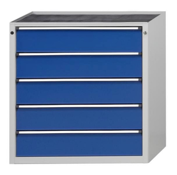 Armoire à tiroirs ANKE; 915 x 700 x 1020 mm; RAL 7035/5010; Plateau en hêtre massif 40 mm; 5 tiroirs, 610.201