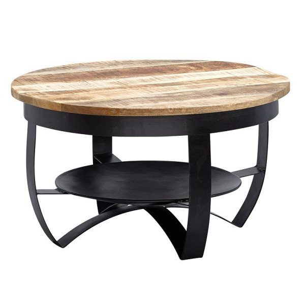 Wohnling table basse 60x34x60 cm bois massif de manguier / métal industriel noir rond, table de canapé table de salon solide, WL6.327