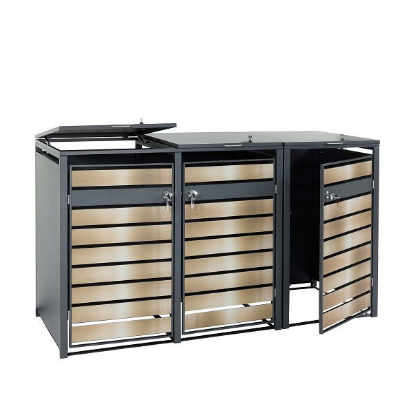 Mendler HWC-J81 Couvercle de poubelle à roulettes à 3 voies, boîte à poubelle à roulettes, extensible, métal 82 kg, anthracite, or, 83374+83375+83376