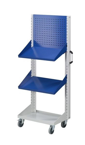 Panneau métallique perforé de base ANKE et étagères inclinées; 800x450x1950 mm; RAL 7035/5010; avec 1x panneau perforé 2x étagère 450 mm, 962.082
