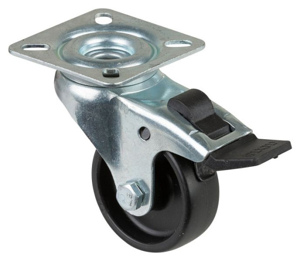 Rouleau d'appareil BS rollers, plateau, frein, largeur 18 mm, Ø50 mm, jusqu'à 50 kg, bande de roulement en plastique noir, palier lisse, lot de 8, A320.A90.050
