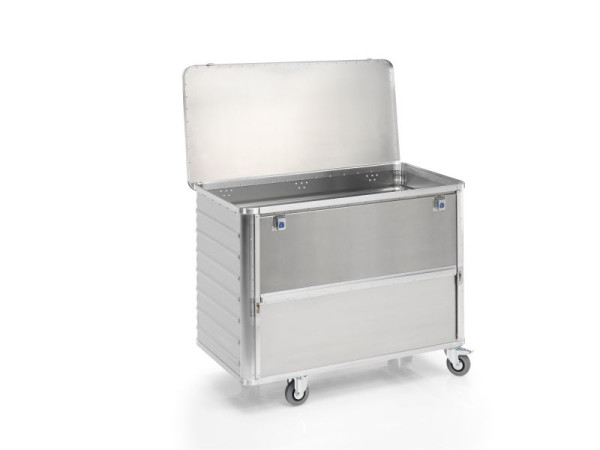 Chariot de transport Gmöhling, paroi longitudinale abaissable, avec couvercle + serrures, G®-TRANS D 3708 / 650 l, aluminium, 220370832