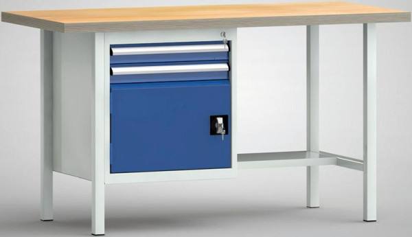 Etabli standard KLW, 1500 x 700 x 840 mm, avec plateau multiplex en hêtre, tablette en tôle d'acier profondeur 300 mm, WS118N-1500M40-E1691