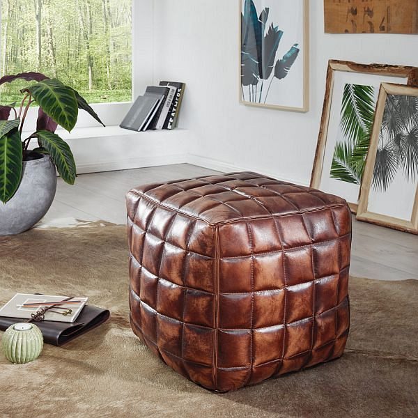 Wohnling siège cube STANLEY cuir véritable marron 39 x 41 x 39 cm pouf salon, WL5.331