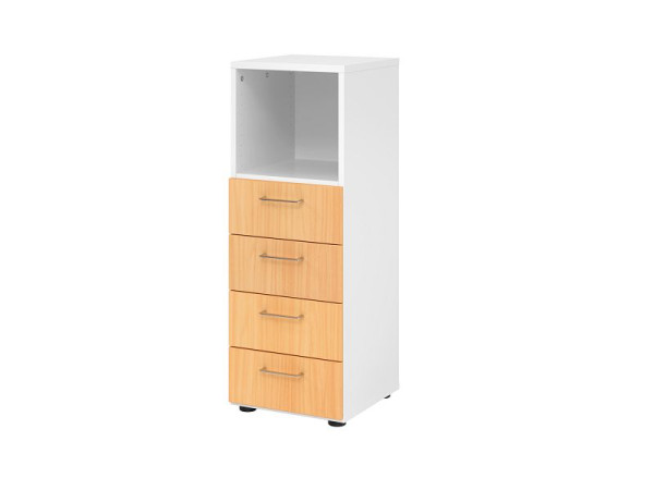 Armoire à tiroirs Hammerbacher 3OH, 4 tiroirs, BS blanc/hêtre, 40 x 41,7 x 110 cm, 4 tiroirs, poignée en métal, V934S4/W/6/BS
