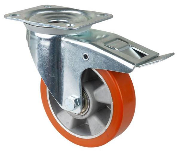 Rouleau de transport BS rollers avec frein, largeur 40 mm, Ø150 mm, jusqu'à 250 kg, bande de roulement en polyuréthane coulé, corps en aluminium, roulements à billes, L420.B90.150