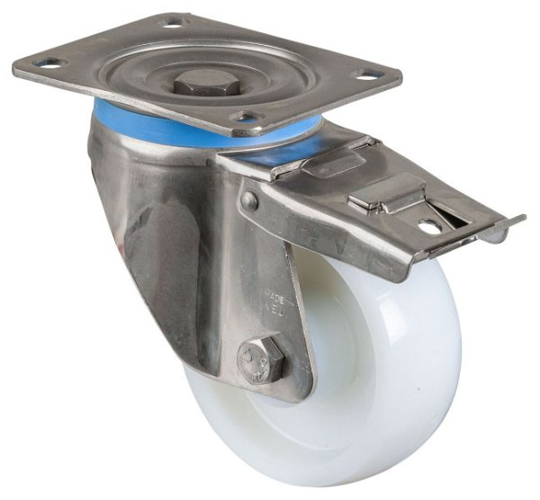 Roulette robuste en acier inoxydable avec frein, largeur 45 mm, Ø125 mm, jusqu'à 700 kg, surface/corps en plastique, roulement à rouleaux en acier inoxydable, HS120.B14.125