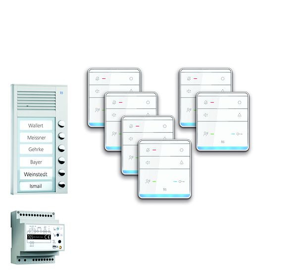 Système de commande de porte audio TCS : pack AP pour 6 unités résidentielles, avec poste extérieur PAK 6 boutons de sonnerie, 6x haut-parleur mains libres ISW5010, unité de contrôle BVS20, PPAF06-EN / 01