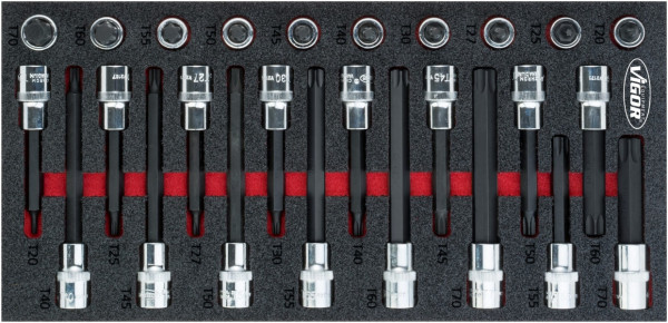 Jeu d'embouts de tournevis VIGOR TORX, carré creux 12,5 mm (1/2 pouce), profil TORX interne, T20 - T70, nombre d'outils : 26, V5095