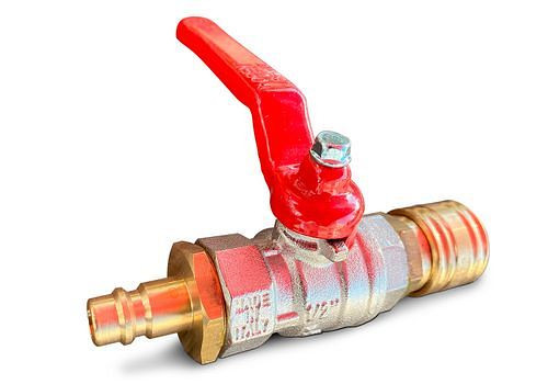 Vanne d'arrêt à bille DENIOS pour air comprimé 1/2", unilatéral avec raccord et buse, 202-301