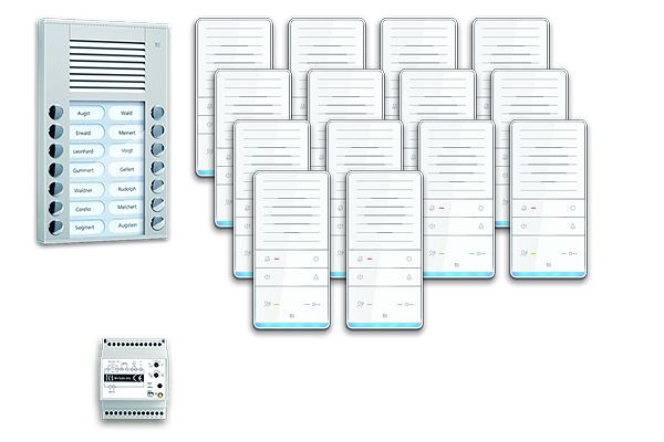 Système de commande de porte audio TCS : pack AP pour 14 unités résidentielles, avec poste extérieur PES 14 boutons de sonnerie, 14x haut-parleur mains libres ISW5031, unité de contrôle BVS20, PAAF142 / 001