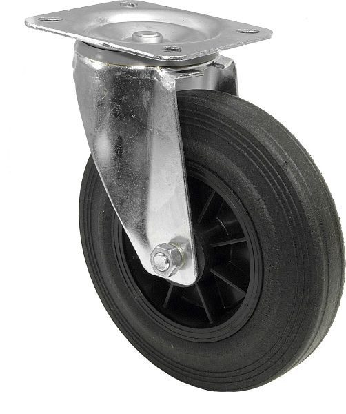 Rouleau de transport BS rollers, largeur de roue 50 mm, roue Ø 200 mm, capacité de charge 205 kg, caoutchouc noir, corps de roue en plastique, roulement à rouleaux, plaque, L400.B45.200